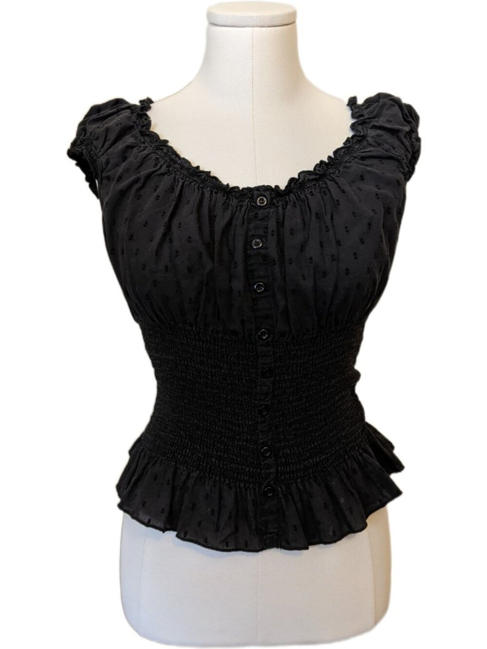 Black Y2K Vintage Milkmaid Top Ruffle Peplum Cottagecore Whimsygoth Romantic XS